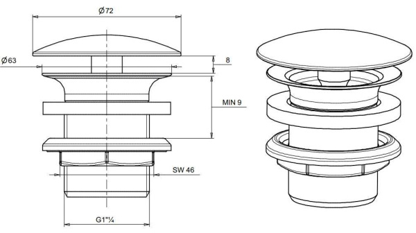 Донный клапан Sanindusa для раковин без перелива (всегда открыт) 4V9711, хром