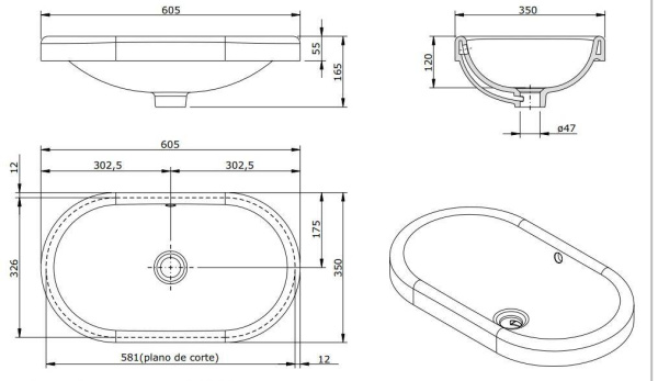 Раковина встраиваемая сверху 61x35 Sanindusa Almoradi 118890004